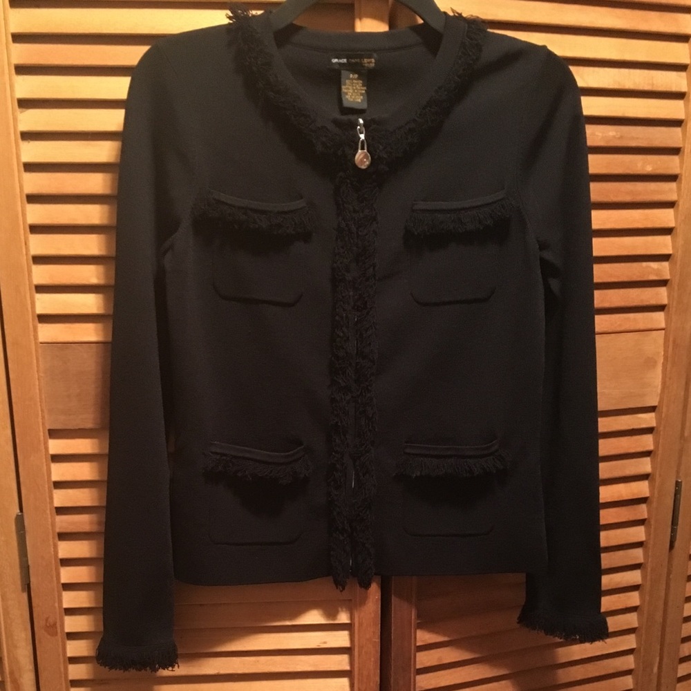 Grace Dane Lewis Black Fringed Knit Cardigan